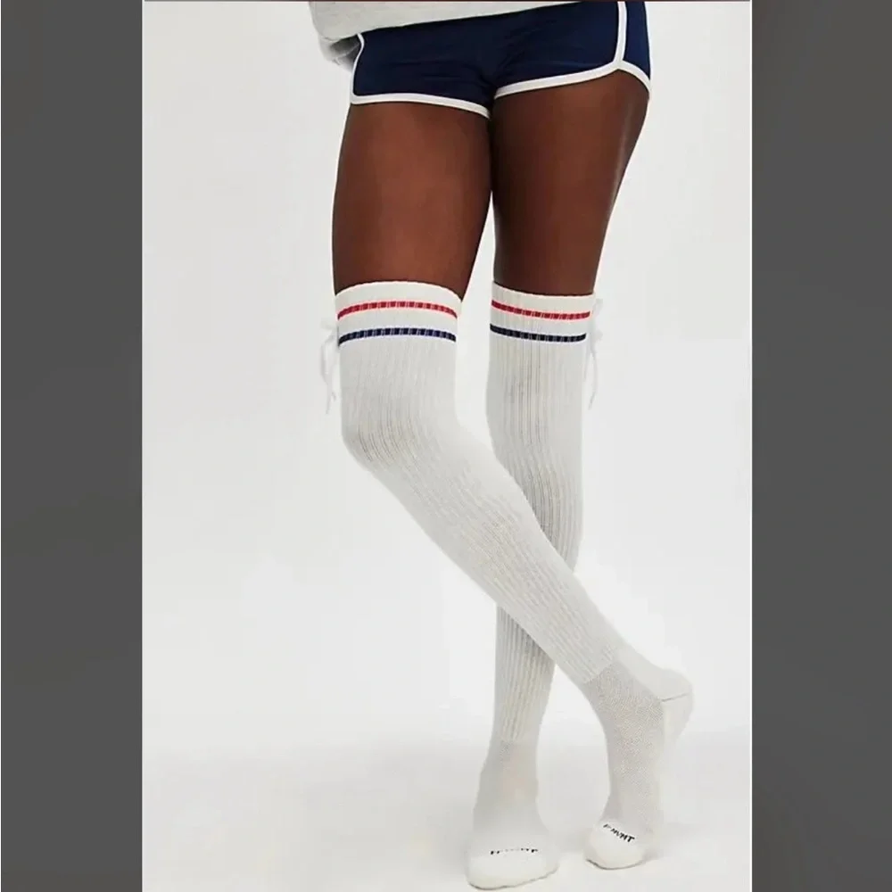 Free People Kick Off Solid Layer knee high socks white red blue bow retro new